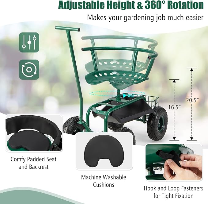 Rolling Garden Seat with Wheels, Garden Cart with 360° Swivel Seat for Planting, Garden Stool Scooter with Replaceable Handle & Removable Cushion, Height Adjustable Outdoor Gardening Workseat