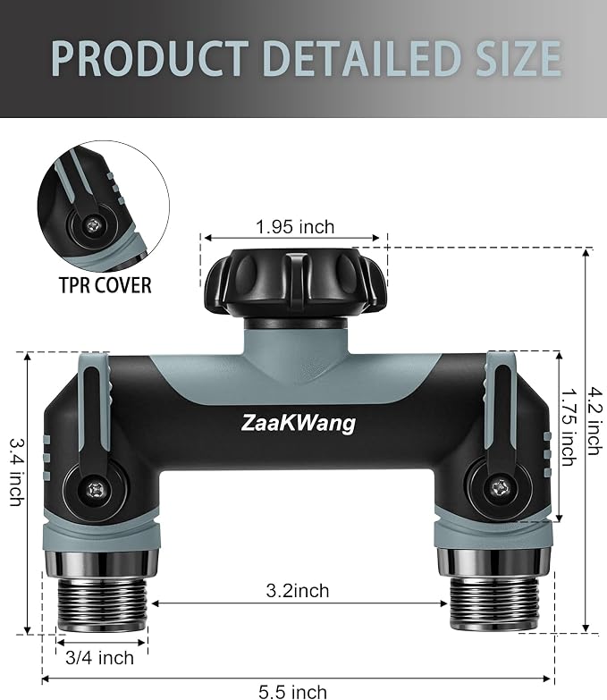 Garden Hose Splitter 2 Way, Heavy Duty Water Hose Spigot Bib Splitter, Outdoor Faucet Splitter with Shutoff Valve, T Adapter Connector with 3/4 - Inch GHT Thread (Grey)