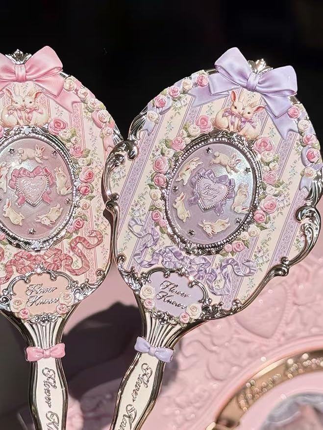 Flower Knows Bunny Garden Collection Hand Mirror,Vintage Portable Handheld Mirror,Fancy & Pretty Princess Mirror with Long Handle,Gift for Girls(Wisteria Purple)