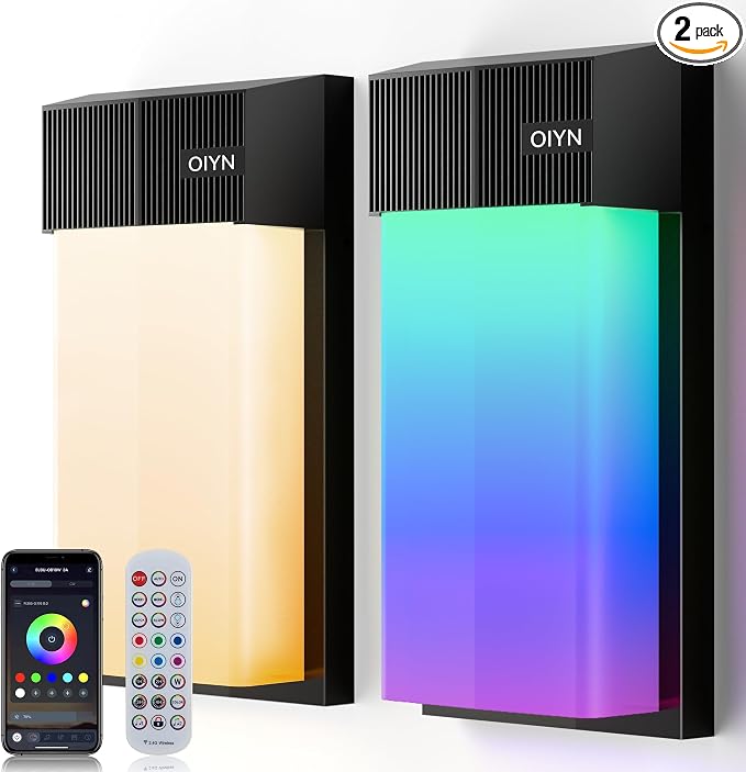 OIYN Outdoor Wall Light, Smart RGBICWW Porch Lights Outdoor, 1500LM Modern Wall Sconce with 30+ Scene Modes, Retome & APP Control, IP65 Waterproof Color-Changing DIY for Outdoor Decor, 2 Pack