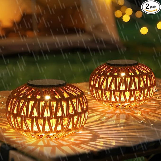2 Pack Solar Lanterns Outdoor Waterproof, Outdoor Table Lamp Decor, Rattan Solar Lights Decorative, Small Tabletop Lantern Gifts for Mom, Grandma, Lantern Lights Outside for Garden, Yard, Steps