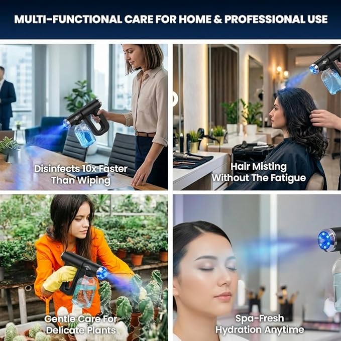 Professional K12 Nano Spray Gun with Blue Light, Atomizer Sprayer & Nano Steam Hair Mister Spray Bottle, Cordless & Rechargeable Barber Spray Gun, Home, Salon, Office & Travel Fine Mist Spray, Black