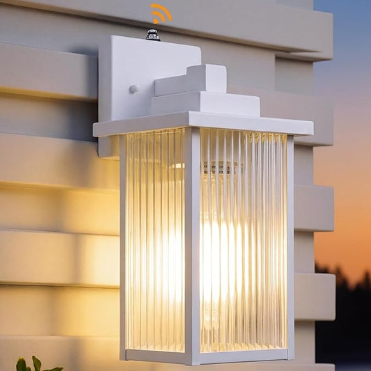 13-Inch White Outdoor Wall Light, Dusk to Dawn Exterior Light Fixture, IP65 Waterproof Rust-Resistant Durable Metal & Textured Glass Sconce for Porch Garage Entryway