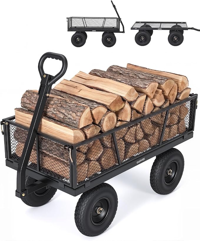 Garvee Versatile Outdoor Utility Cart-1200LBS Heavy-Duty, 13" All-Terrain Pneumatic Tires, Vehicle-Connectable, Easy Maneuverable Lawn Cart with Removable Mesh Panels for Gardening & Landscaping,Black
