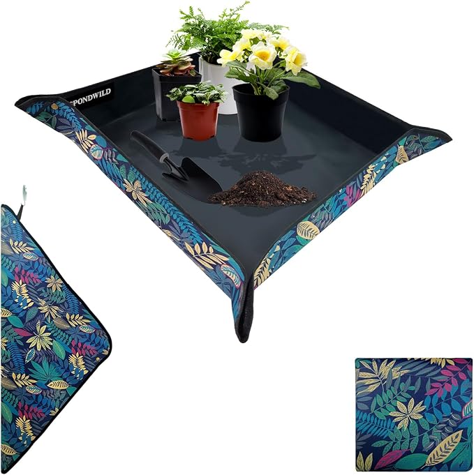 Plant Transplanting Mat - Thickened Waterproof Potting Mat, Succulent Gardening Mat, Portable Repotting Mat for Mess Control, Indoor Outdoor Use, PVC Black Leaf Print, 39.5"x39.5"
