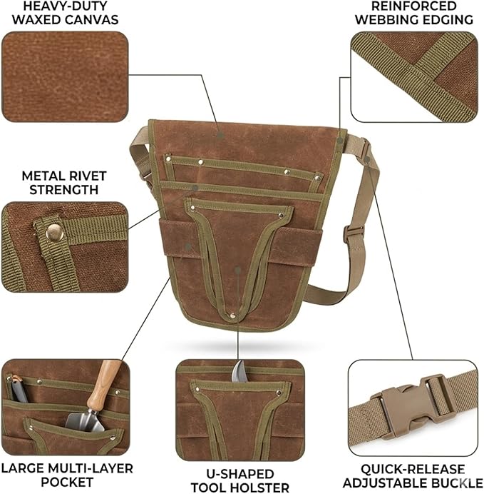 Gardening Tool Pouch for Waist, Hands-Free Canvas Tool Belt with 6 Pockets – Adjustable Waist Apron for Trowel, Pruner & Weeder (Gardening Tools NOT Included)-(Brown)