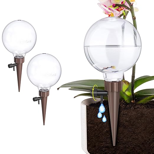 NiHome Plant Self-Watering Globes for Busy Individuals & Travelers, Long-Lasting Moisture Consistent Dripper Spike for Indoor Plants, Adjustable Flow Valve Easy to Refill & Maintain (2-Pack)