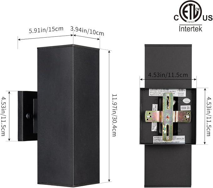 mirrea Modern Outdoor Porch Light Patio Light in 2 Lights with Aluminum Rectangular Tube and Tempered Glass Cover Waterproof Wall Sconce 2 Pack Matte Black