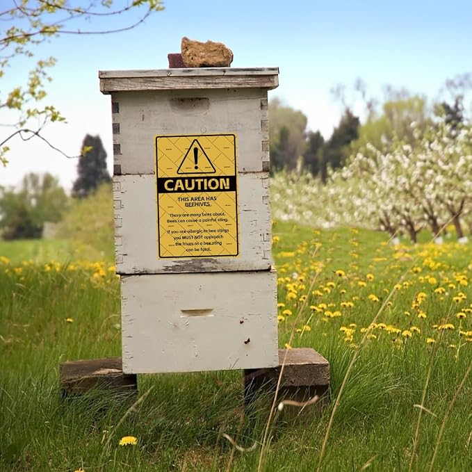 EMOHAT Caution No Trespassing Honeybees Metal Tin Sign, Honeybees at Work Warning Sign for Garden Farm Orchard, 16x12 Inch Rustic Novelty Decor for Garage Home Outdoor