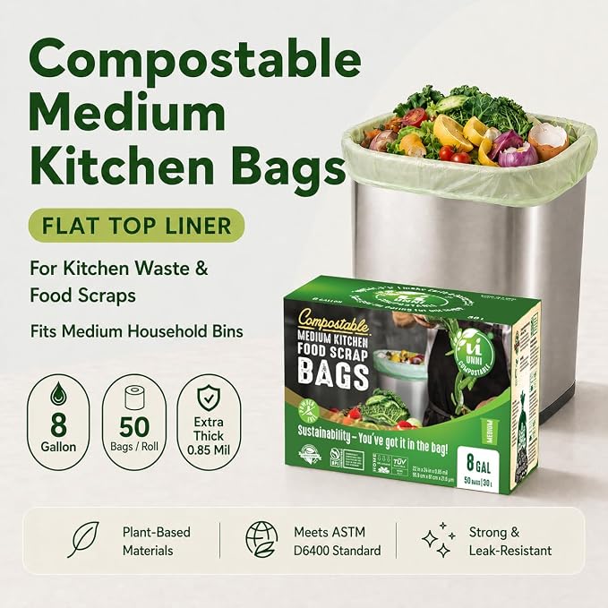 UNNI Compostable Trash Bags, 8 Gallon / 30 Liter, 200 Count Value Pack, Extra Thick 0.85 mil Medium Kitchen Food Scrap Bin Liners, BPI, CMA & OK compost HOME Certified (Meets ASTM D6400)