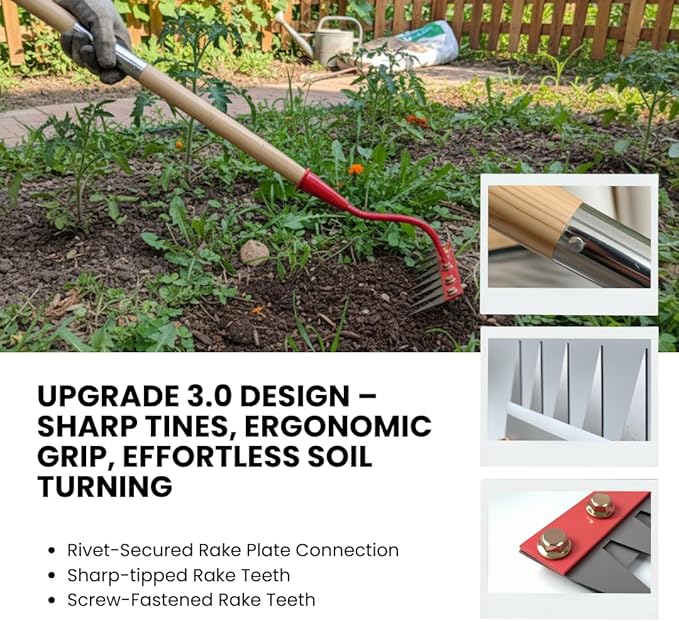 Red Upgrade 3.0 Weeding Rake | 7-Tine Carbon Steel Head & 3X Wood Handles | Quick-Lock Rotating Mechanism | Heavy Duty Garden Tool for Cultivating, Soil Aeration, Lawn Care (red)