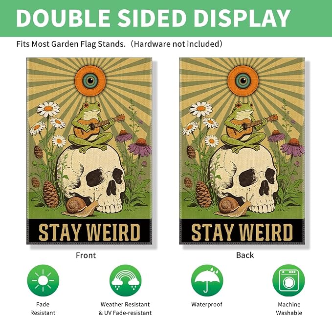 Perfectinsoy Stay Weird Funny Garden Flag, Boho Skull Frog Flags, Inclusion Human Rights Yard Banner, Community Progress Welcome Yard Farmhouse Patio Lawn Spring Summer Outdoor Decor