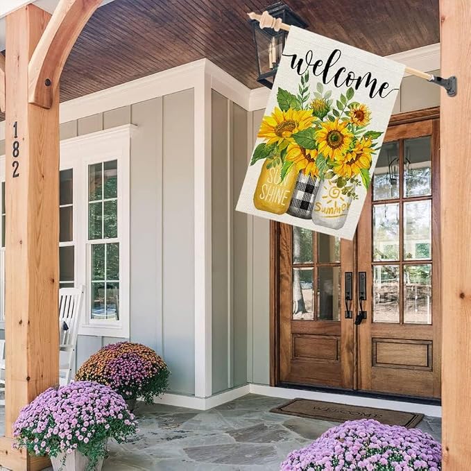 CROWNED BEAUTY Summer Sunflower House Flag Mason Jar Double Sided 28x40 Inches Large Burlap Seasonal Welcome Yard Porch Decoration for Outside