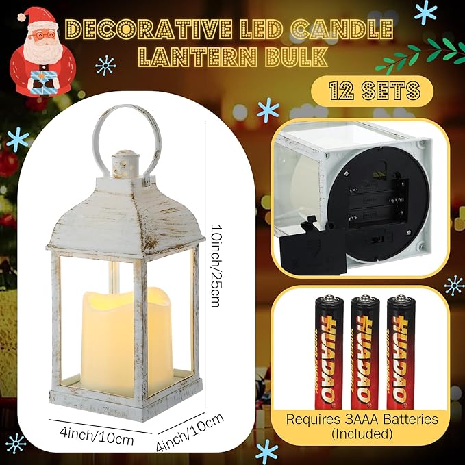 12 Set 10 Inch White Decorative Candle Lanterns Bulk Lanterns Centerpiece with LED Flameless Candle Indoor Outdoor Battery Powered Hanging Lights for Wedding Father Day Party Decoration
