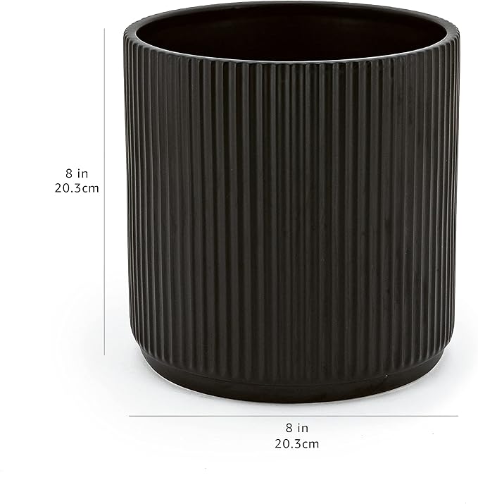 Amazon Basics Fluted Ceramic Planter Pot for Indoor Outdoor Plants, Round Flower Pot with Drainage Hole, 8-inch, Black