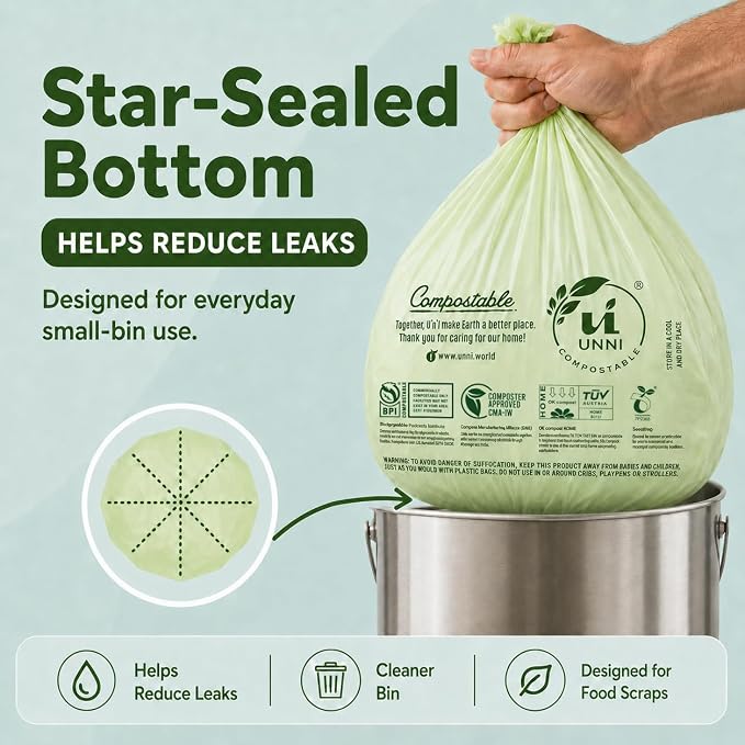 UNNI Compostable Trash Bags, 3 Gallon / 11.35 Liter, 200 Count, Extra Thick 0.71 Mil Small Kitchen Food Scrap Bin Liners, Certified by BPI, CMA & OK compost HOME, Meets the ASTM D6400 Standard