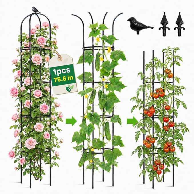 OTOSUNNY Garden Obelisk Trellis for Climbing Plants Outdoor, 6.3 ft Tall Trellis for Roses Clematis Jasmine Ivy Flower Light Climbing Vines Potted Plant Support, Patio, Yard, Black, 1PCS