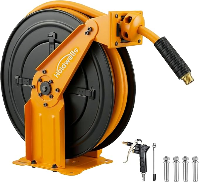 Retractable Air Hose Reel, 3/8" x 65FT Hybrid Air Hose, 300PSI Max, Auto-Rewind & Length-Lock, 1/4" NPT Fitting, Ceiling/Wall Mount Heavy Duty Dual Arm Steel Reel for Workshop/Garage