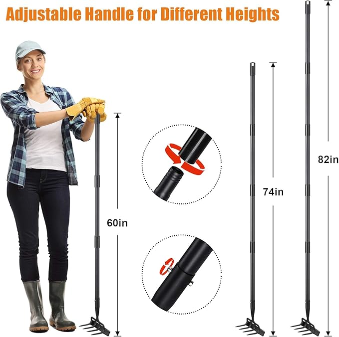 Garden Hoe With Rake, 2-In-1 Stirrup Hoe with 4-Tine Cultivator,Heavy Duty 82 Inch Long Handle Scuffle Loop Hoe For Fast Weeding, Soil Loosening ,Flower Beds, Vegetable Rows, Raised Beds
