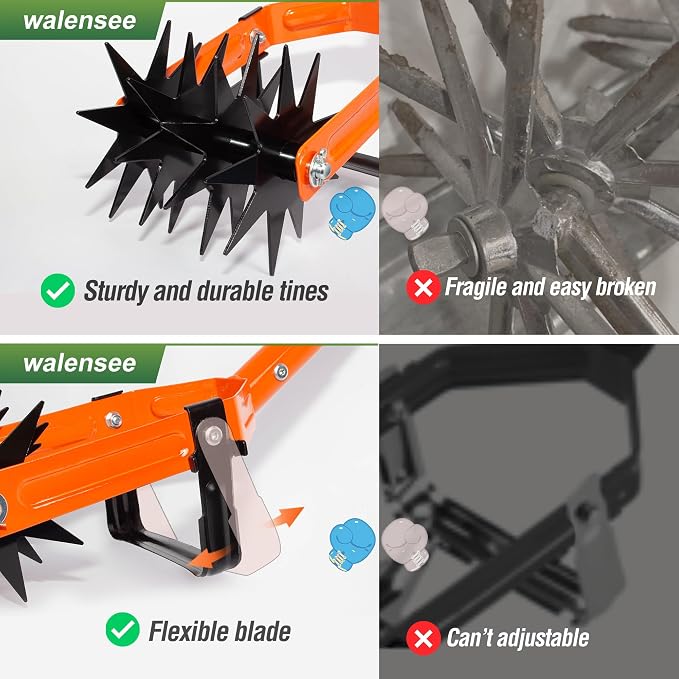 Walensee Rotary Cultivator Garden Tool, Adjustable Long Handle Hand Tiller with Star-Shaped Rolling Tines, 2-in-1 Weeder & Soil Aerator for Lawn Care, Reseeding Grass, Soil Mixing, Manual Yard Tiller