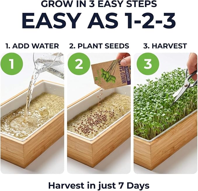 Self Watering Microgreens Growing Kit. Hands Down the Easiest Way to Grow Microgreens. Includes Tray, Seeds, Mats, and Bamboo Surround. Great Gift for Gardeners