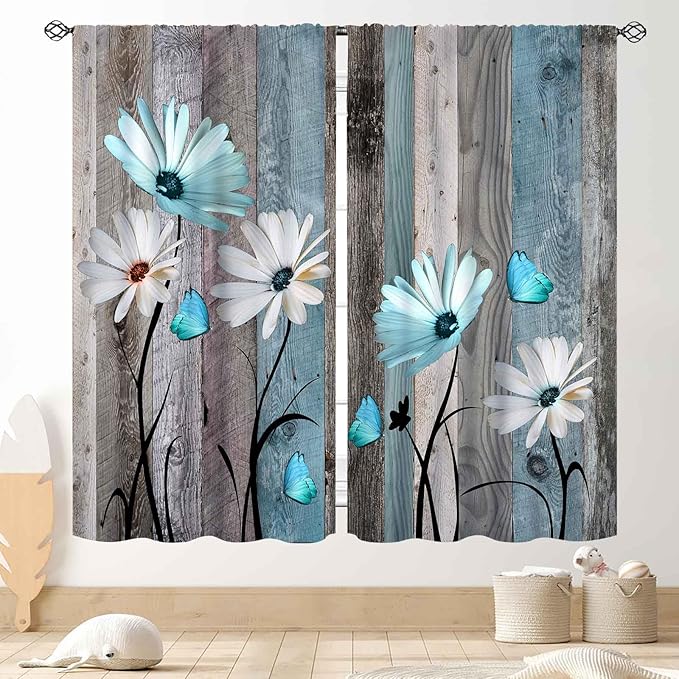 Farmhouse Daisy Curtains, Rustic Wooden Flower Retro Teal White Floral Spring Butterfly Rural Country Style Window Curtains for Living Room Bedroom Kitchen Bathroom 2 Panels, 63"x63" Inch