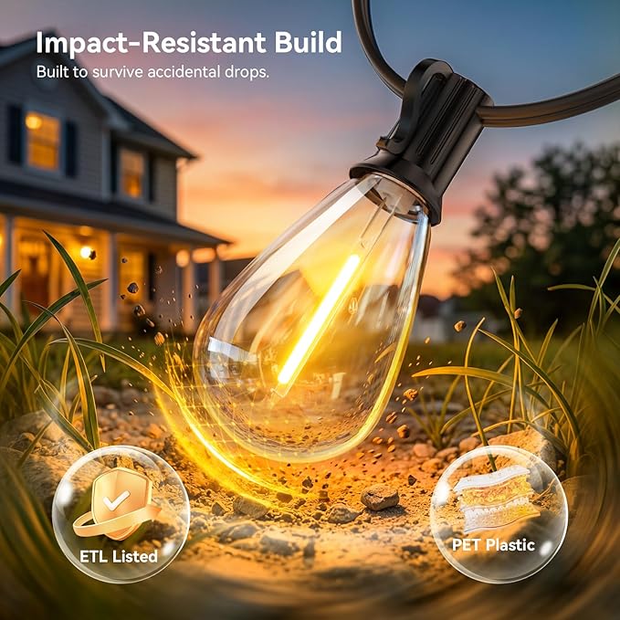200FT Outdoor String Lights with Remote, Waterproof Patio Lights with 72+2 Shatterproof LED Bulbs, 2700K Dimmable Waterproof Hanging Decor for Backyard Garden Porch Bistro, Timer & 3 Modes