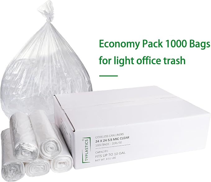 TYPLASTICS Trash Can Liners - Wholesale 1000 Count 7-10 Gallon Trash Bags on Perforated Roll Small Garbage Bags for Light Office Trash Bathrooms Hotels Recycling Commerical and Industrial 24" x 24"
