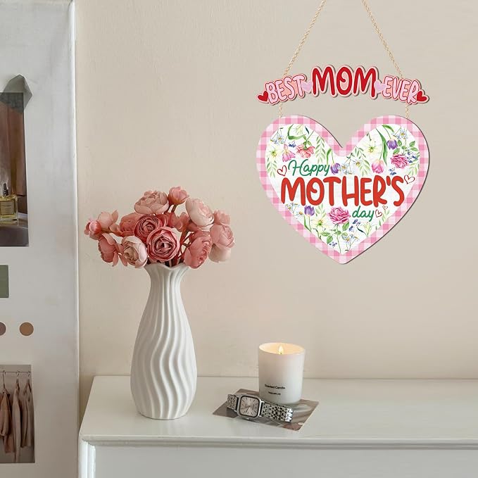 HOURIA Happy Mother's Day Wooden Sign(11.4”x12.5”),Vintage Best Mom Ever Wall Decor,Pink Flower Heart Shaped Door Hanger for Mom Grandma Woman