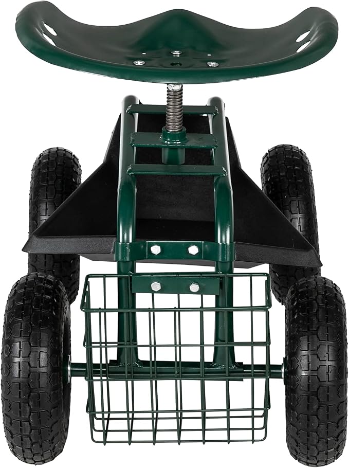 Rolling Garden Work Seat with Wheels, Gardening Stool for Planting, 360 Degree Swivel Seat, Garden Scooter with Steering Handle & Tool Tray, Garden Chair for Outdoor, Patio and Yard,Green