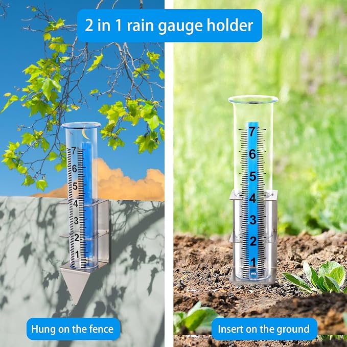 Rain Gauge Outdoor,7" Rain Gauges Outdoors Best Rated with Stainless Steel Rack Holder,Freeze Proof Plastic Large Guage for Yard Garden Fence Lawn Farm
