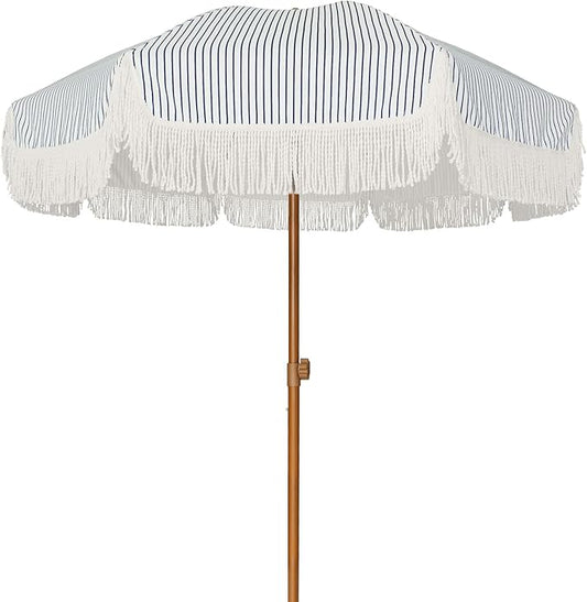 AMMSUN 7ft Patio Umbrella with Fringe Outdoor Tassel Umbrella UPF50+ Premium Steel Pole and Ribs Push Button Tilt, Navy Blue Stripes