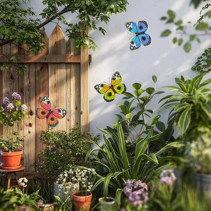 Hanging Butterfly Decorations Fence Decor 3 Pieces Metal Colourful Butterflies Outdoor Wall Art for Garden, Patio, Outside, Home, Farmhouse, Living Room, Dining Room, Rustic Country