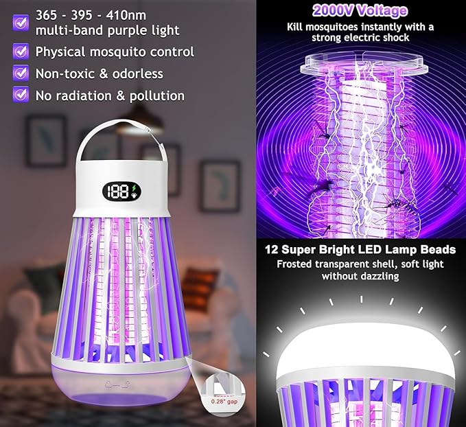 Bug Zapper Indoor Outdoor Mosquito Zapper, LED Rechargeable Fly Zappers Mosquito Killer Lamp with Storage Box, Waterproof 2000V Bug Light Trap for Home Kitchen Backyard Garden Camping Patio