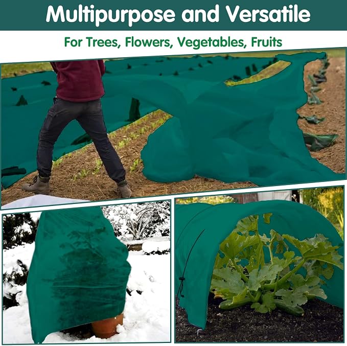 Plant Covers Freeze Protection, 6.5ft x 16ft 1.41 oz/yd² Frost Cloth Plant Blankets Floating Row Covers with 15 Stainless Steel Clips for Winter Plants Gardens Frost/Sun Pests Protection, Dark Green