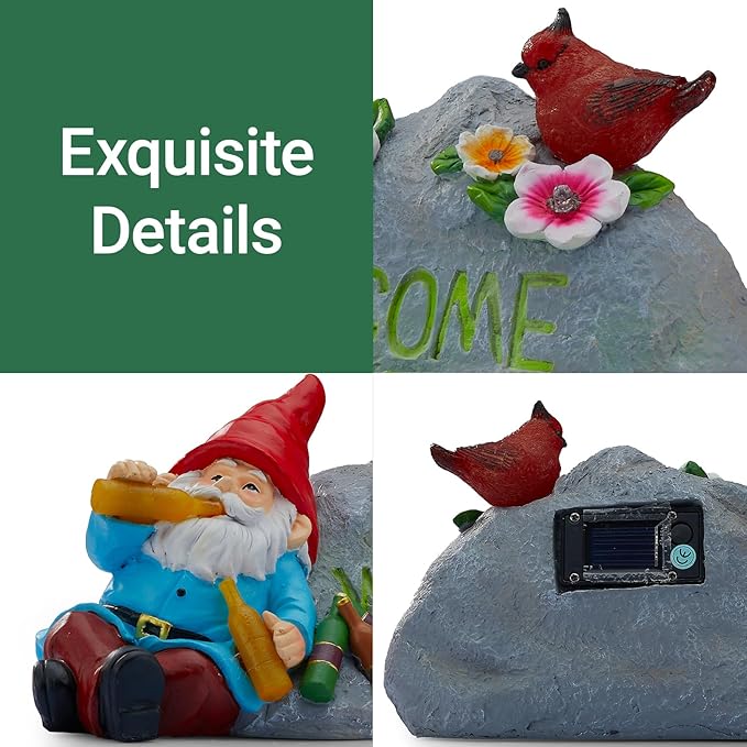 Funny Garden Gnomes Statue with Welcome, Solar Outdoor Gnomes Decorations for Yard, Patio, Lawn, Christmas Birthday Housewaming Gifts, for Dad, Men, Husband, Grandpa, 11.8 Inch, Resin