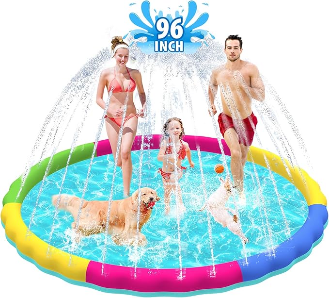 Raxurt Splash Pad, 97in Anti-Slip Splash Pad for Kids Dogs Thickened Durable Bath Pool Pet Summer Outdoor WaterToys Backyard Fountain Play Mat, Colorful