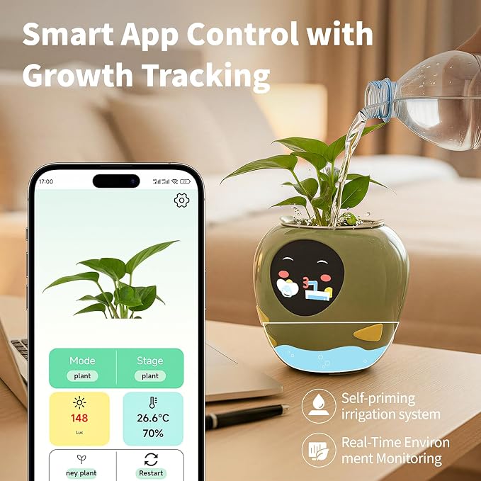 Plantbot Upgraded Large Smart Flower Pot Pet Planter Robot with Artificial Intelligence, Time Temperature Display, and Numerous Expressive Animations Based, for Indoor Decoration, Gifts (Purple)