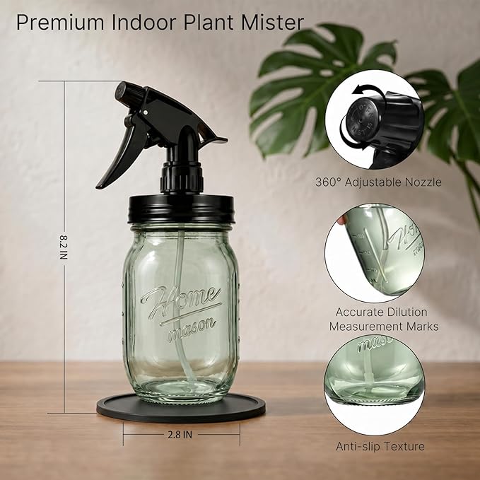 Glass Plant Mister Bottle -16 oz Vintage Style Mason Jar Fine Mist Sprayer - Refillable Leak Proof Water Spray Bottle for Plants, Gardening, Decorative with Adjustable Mist Nozzle (Green)
