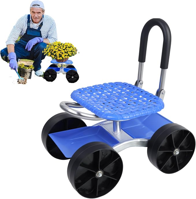 Garden Cart Rolling Stool with Four Wheels and Tool Bag, 360° Rotation Stable Workseat Sturdy Cart, Adjustable Seat Height & Direction, for Outdoor Lawn Yard Patio, Blue (Blue 1)