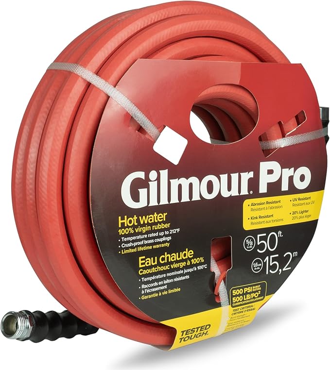 Gilmour Pro Rubber Hot Water Garden Hose – 5/8" x 50', Kink-Resistant, 400 PSI, Brass Fittings, Flexible in Cold, USA Made