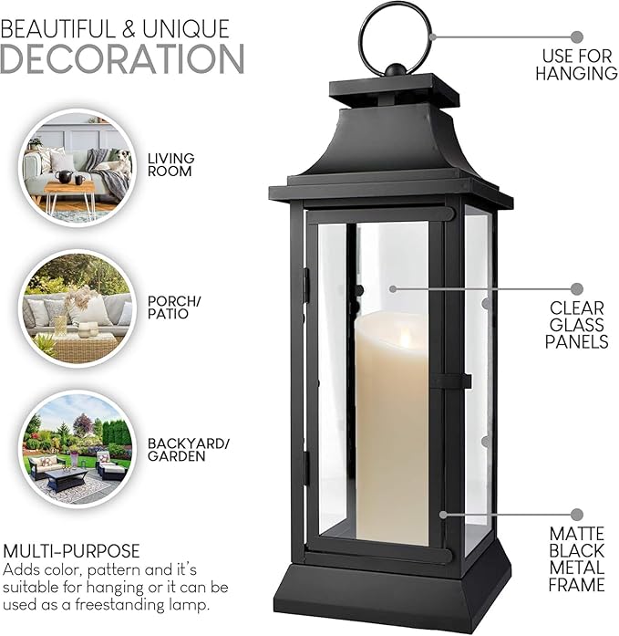 Serene Spaces Living Black Metal Hurricane Lantern with Clear Glass Panels – Hanging or Tabletop Decorative Lantern for Indoor & Outdoor – for Weddings, Parties, Home Decor, 20" Tall & 7.75" Square