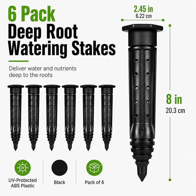 Junkin 6 Pack Tree Watering Stake Large UV Protected ABS Plastic Deep Root Irrigation Spike for Garden Shrubs Bushes Shrubs Flowers Fruits Vegetables Potted Plants (8 Inch)