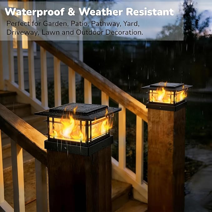 Dynaming 4x4 Solar Post Cap Lights Outdoor with Flickering Flame Light, Black Shell Fence Post Solar Lights Fit 4x4 Vinyl/Wooden Posts, Brightness LED Lighting Decor for Garden Deck Patio, 2 Pack