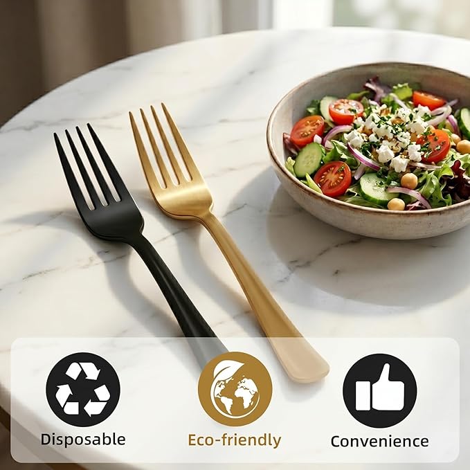 50 Pcs Black and Gold Plastic Forks Disposable Silverware Heavy Duty Black and Gold Plastic Cutlery Set for Graduation Party, Birthday, Retirement