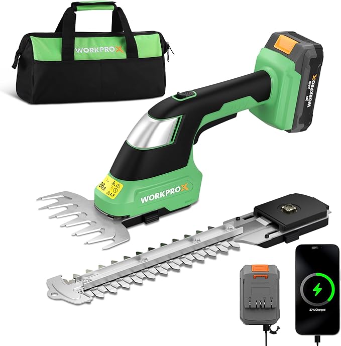 WORKPROX 20V Cordless Grass Shear & Shrubbery Trimmer - 2-in-1 Handheld Electric Grass Trimmer Hedge Shears/Grass Cutter with Tool Bag, Rechargeable Lithium-Ion Battery and Type-C Cable Included