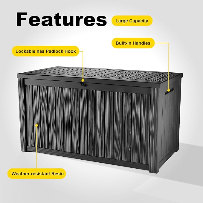 200 Gallon Outdoor Storage Box Waterproof, Resin Lockable Deck Box with Lid, Large Capacity Weatherproof Container for Patio Furniture Pool Accessories, Side Table(Black, 200 Gallon)