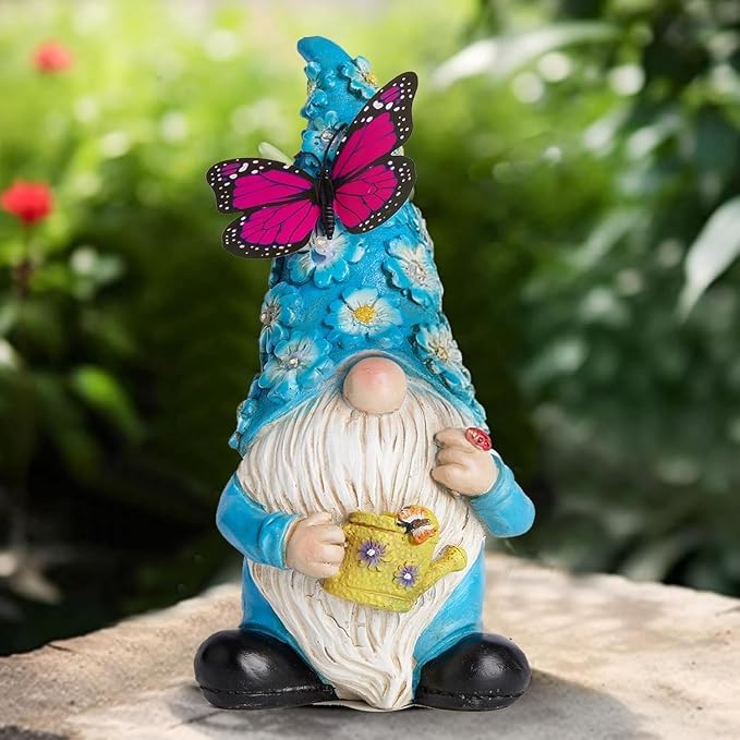 Garden Gnome Statues Outdoor Decor Solar Gnomes with Butterfly on LED Lighted Flowers, Resin Blue Gnomes Sculpture for Patio Yard Lawn Onament Decoration