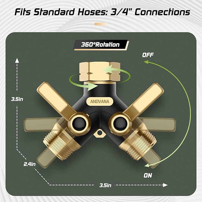 Hose Splitter 2 Way Heavy Duty, Garden Hose Splitter- Full Metal Body Y Type with Dual Shut Off Valves, 3/4" Standard Threads, Leak-Proof Dual Outlet Splitter for Sprinklers and Irrigation Systems