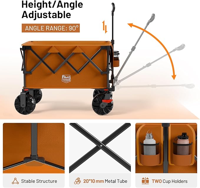 TIMBER RIDGE Outdoor Collapsible Folding Wagon with Brakes and Cup Holders, 500lbs Heavy Duty All Terrain Wheels Utility Cart for Shopping Camping Garden Sports, Orange